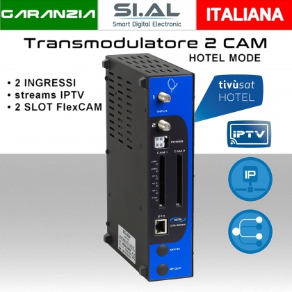Transmodulatore IPTV GDS serie GTE a 2 ingressi SAT variante 2 slot Tipo FlexCAM TV digitale IP