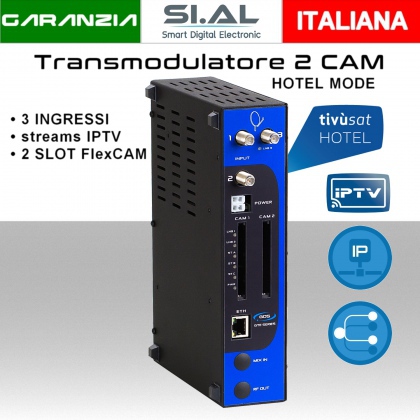 Transmodulatore IPTV GDS serie GTE a 3 ingressi SAT variante 2 slot Tipo FlexCAM TV digitale IP