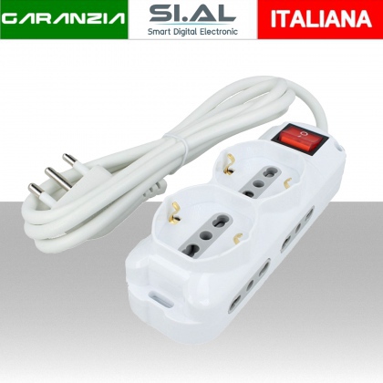 Multipresa elettrica 6 posti con pulsante luminoso e cavo da 3,0 metri 10/16A Bipasso Schuko