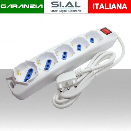 Multipresa elettrica 5 posti ciabatta con pulsante luminoso e cavo da 1,5 metri 10/16A Bipasso Schuko