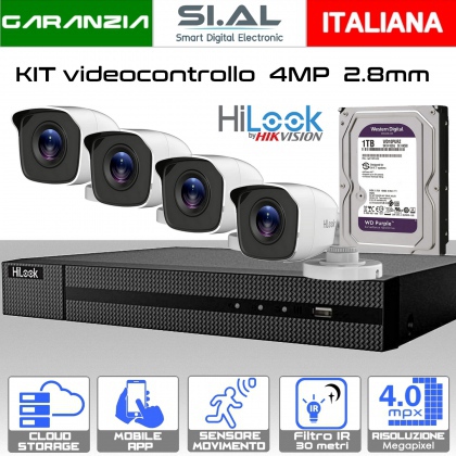 Kit videosorveglianza 4 telecamere bullet da 4.0 megapixel  XVR Turbo Hilook HDMI IP con accessori