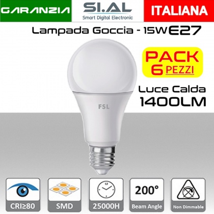 Lampadina LED a goccia 15W luce calda 3000K E27 1400 lumen PACK 6 PZ.