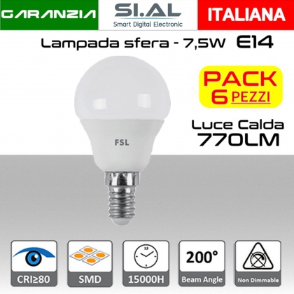 Lampadina LED a sfera 7,5W luce calda 3000K E14 770 lumen PACK 6 PZ