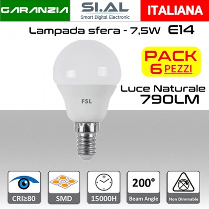 Lampadina LED a sfera 7,5W luce naturale 4000K E14 790 lumen PACK 6 PZ