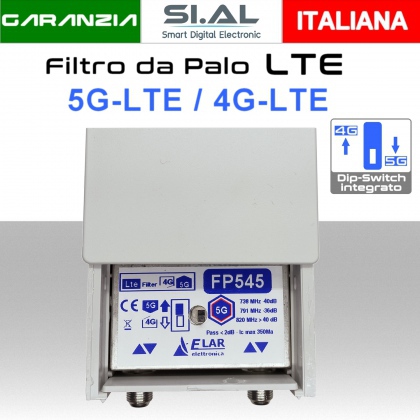 Filtro 5G e 4G da palo bande LTE selezionabili per impianti TV realizzato con contenitore schermato connettori F