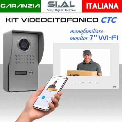 Videocitofono WI-FI  monofamiliare 2 fili  monitor LCD da 7 pollici da parete a colori con vivavoce e pulsantiera in alluminio completa di telecamera HD