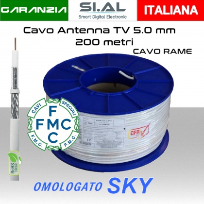 Cavo coassiale antenna TV 5 mm in bobina 200 coax PVC omologato sky conduttore in rame rosso FMC cavi speciali