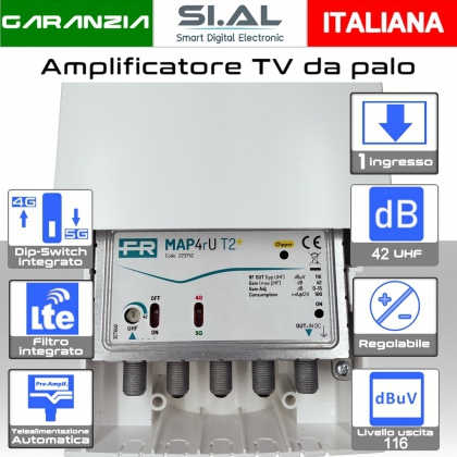 Amplificatore TV da palo Fracarro 1 ingresso 42dB regolabile UHF  con Telealimentazione e filtro 5G  MAP T2 223752 