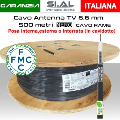 Cavo coassiale antenna TV 6.6 mm da 500 metri coax PVC nero per uso in cavidotti bobina legno conduttore in rame rosso FMC cavi speciali