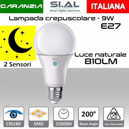 Lampadina crepuscolare E27 LED 9W Luce naturale 4000K  810 lumen con doppio sensore Crepuscolare 