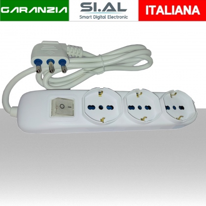 Multipresa elettrica 3 posti ciabatta con pulsante luminoso e cavo da 1,5 metri 10/16A Bipasso Schuko 