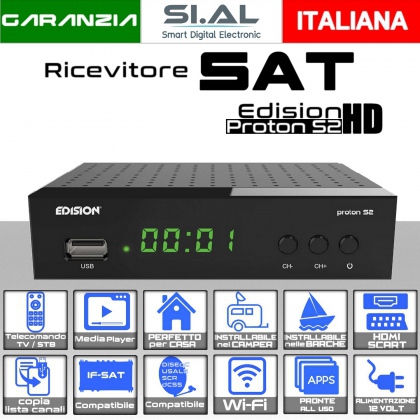 Decoder Edision Proton S2 satellitare FULL HD 12 Volt  Funzioni USB wifi integrato 