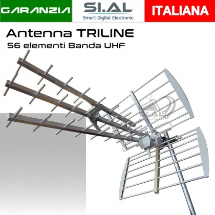 Antenna UHF Tripla ad alto guadagno 56 elementi in alluminio con connettore F filtro LTE preasemblata triline