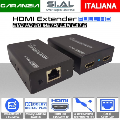 Estensore HDMI lan ethernet CAT.6 distanza 60 metri supporto HDCP tecnologia POC  passante HDMI e ripetitore IR di telecomando bidirezionale 