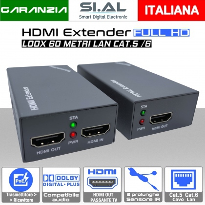  Extender HDMI LOOX cavi CAT.5e/6 fino a 60 metri con supporto HDCP , tecnologia POC e ripetitore IR di telecomando bidirezionale