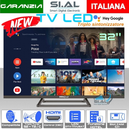 TV 32 Pollici LED frameless certificata google con triplo sintonizzatore HD LCN Tivusat slot C.I.plus Funzione Hotel e lettore multimediale USB Digiquest ATV 32