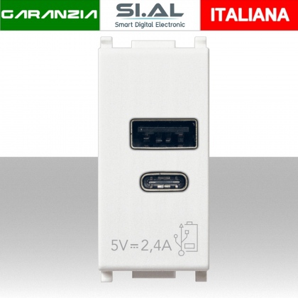 Presa USB  doppia alimentazione compatta tipo USB-A e USB-C  da 5V 2,4A bianco Vimar 14292.AC