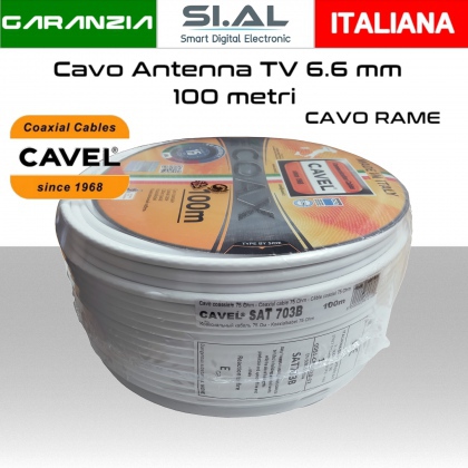 Cavo coassiale antenna TV 6.6 mm coax PVC da 100 metri conduttore in rame rosso Cavel SAT703 bianco