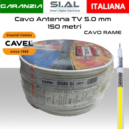 Cavo antenna TV coassiale 5 mm in bobina da 150 metri con guaina in PVC colorato conduttore in rame alta qualità Cavel DG80 giallo