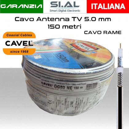Cavo antenna TV coassiale 5 mm in bobina da 150 metri con guaina in PVC colorato conduttore in rame alta qualità Cavel DG80 nero