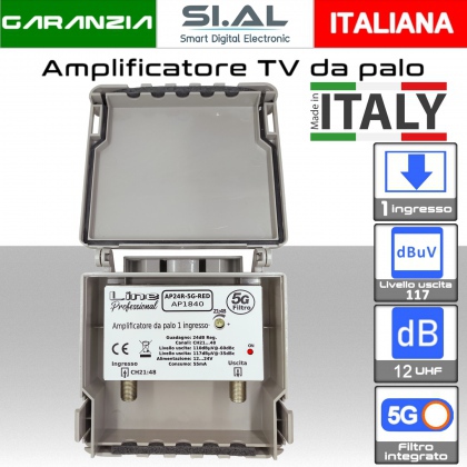Amplificatore antenna TV da palo 1 ingresso UHF 21-48  guadagno 12dB con filtro 5G Lte  uscita117dBuV  Line professional AP1839 certificato RED