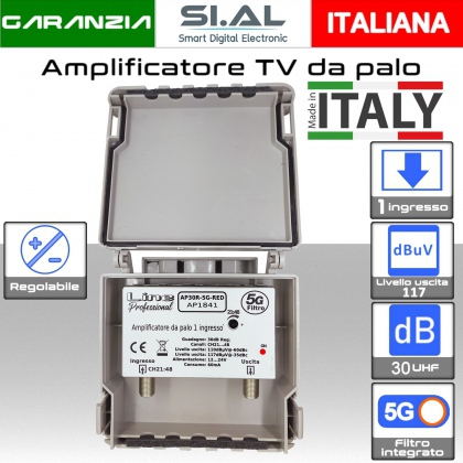 Amplificatore antenna TV 1 ingresso  UHF 21-48 guadagno 30dB regolabile con filtro 5G Lte uscita117dBuV Line professional AP1841 certificato RED