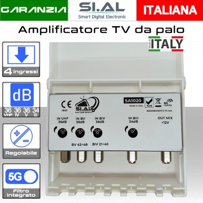 Amplificatore antenna TV 4 ingressi VHF-IV-V-UHF 36dB regolabile Filtro 5G