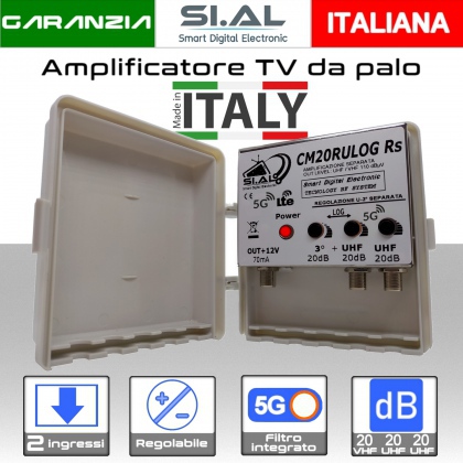 Amplificatore antenna TV 2 ingressi LOG-UHF 20dB regolabile Filtro 5G