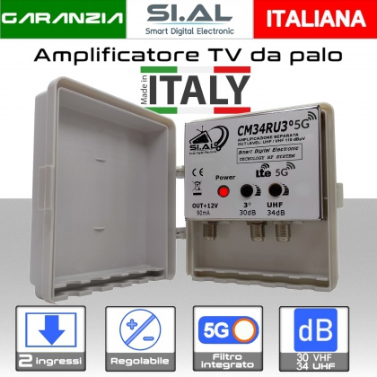 Amplificatore antenna TV 2 ingressi VHF-UHF 34dB regolabile Filtro 5G