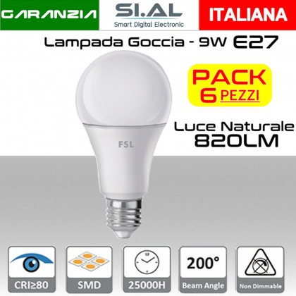  Lampadina LED a goccia 9W luce naturale E27 820 lumen PACK 6 PZ.