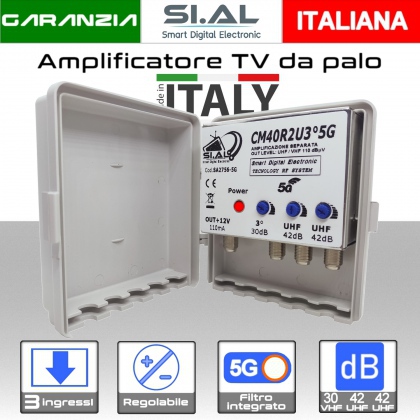 Amplificatore antenna TV 3 ingressi VHF-UHF-UHF 42dB regolabile Filtro 5G