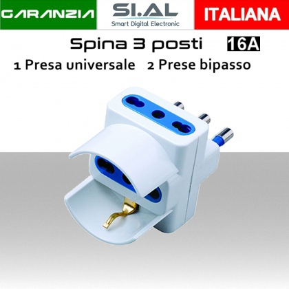 Adattatore Spina italiana s17 con 1 presa schuko 2 prese bipasso 10A 16A