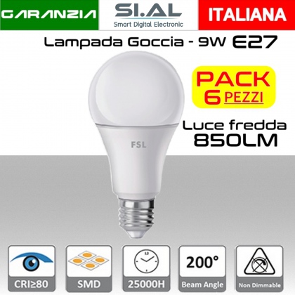 Lampadina LED a goccia 9W luce fredda E27 850 lumen PACK 6 PZ.