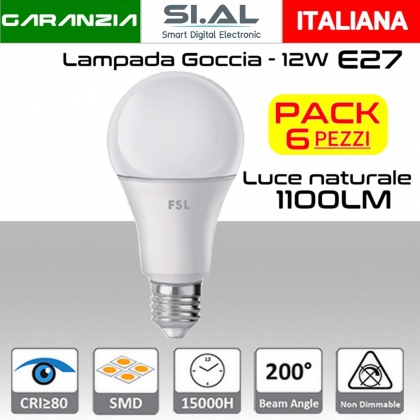 Lampadina LED a goccia 12W luce naturale E27 1100 lumen PACK 6 PZ.