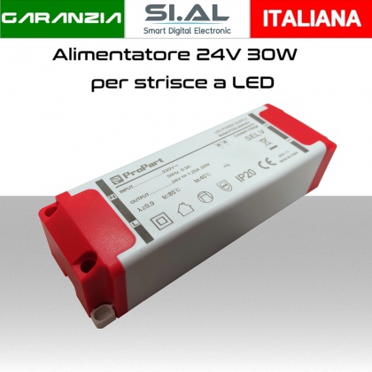 Alimentatore per LED 24V da 30W IP20 per interno trasformatore universale