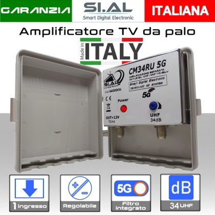 Amplificatore antenna TV 1 ingresso UHF 34dB regolabile Filtro 5G