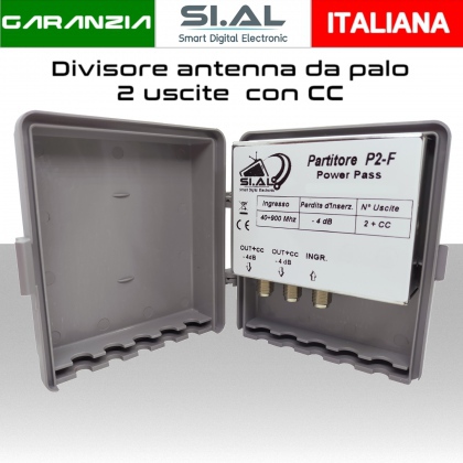 Partitore antenna TV 2 uscite da palo divisore con passaggio CC su due uscite