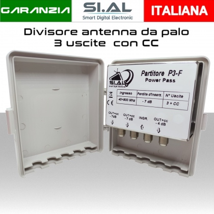 Partitore antenna TV 3 uscite da palo divisore con passaggio CC su tre uscite