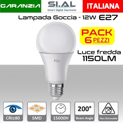 Lampadina LED a goccia 12W luce fredda E27 1150 lumen PACK 6 PZ.