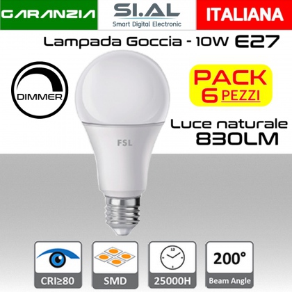 Lampadina LED a goccia 10W luce naturale E27 830 lumen Dimmerabile PACK 6 PZ.