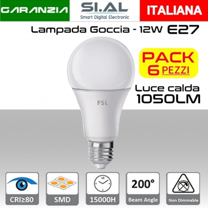 Lampadina LED a goccia 12W luce calda E27 1050 lumen PACK 6 PZ.