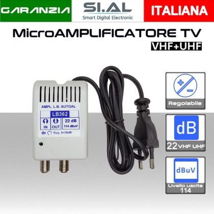 Amplificatore di linea antenna tv 22dB regolabile da interno autoalimentato larga banda 