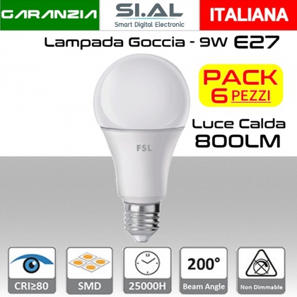 Lampadina LED a goccia 9W luce calda E27 800 lumen PACK 6 PZ.