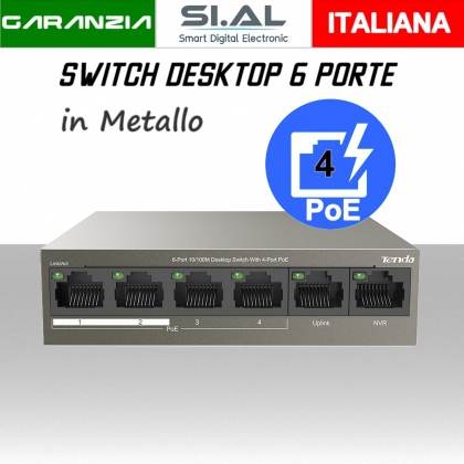 Switch Ethernet 6 porte 4 PoE Lan in metallo modello Desktop Tenda