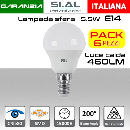 Lampadina LED a sfera 5,5W luce calda E14  460 lumen  PACK 6 PZ.