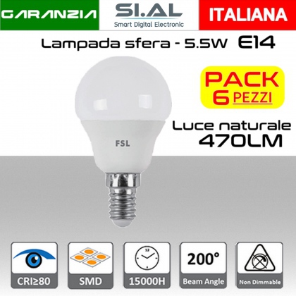 Lampadina LED a sfera 5,5W luce naturale 4000K E14  470 lumen PACK 6 PZ