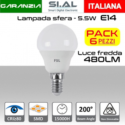 Lampadina LED a sfera 5,5W luce fredda E14 480 lumen