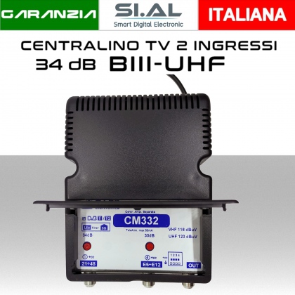 Centralino TV Autoalimentato 2 ingressi  BIII/UHF 34dB regolabili 123 dBuV  Filtro 5G 