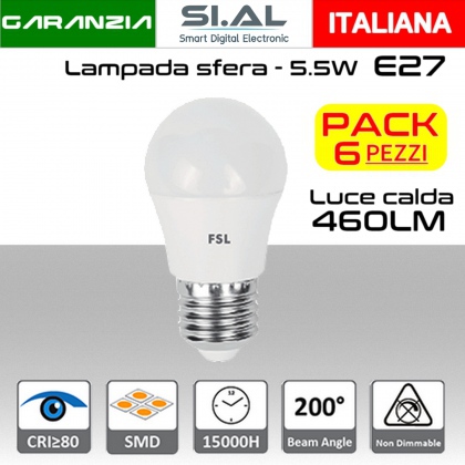 Lampadina LED a sfera 5,5W luce calda E27  460 lumen PACK 6 PZ