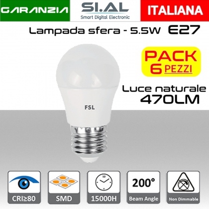 Lampadina LED a sfera 5,5W luce naturale 4000K  E27  470 lumen PACK 6 PZ